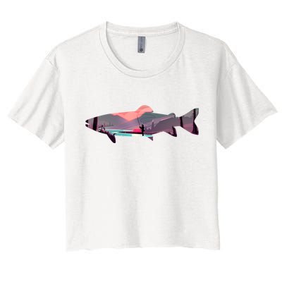 Trout Silhouette Fly Fishing Mountain Sunset River Stream Crop Top