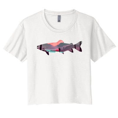 Trout Silhouette Fly Fishing Mountain Sunset River Stream Women's Crop Top Tee