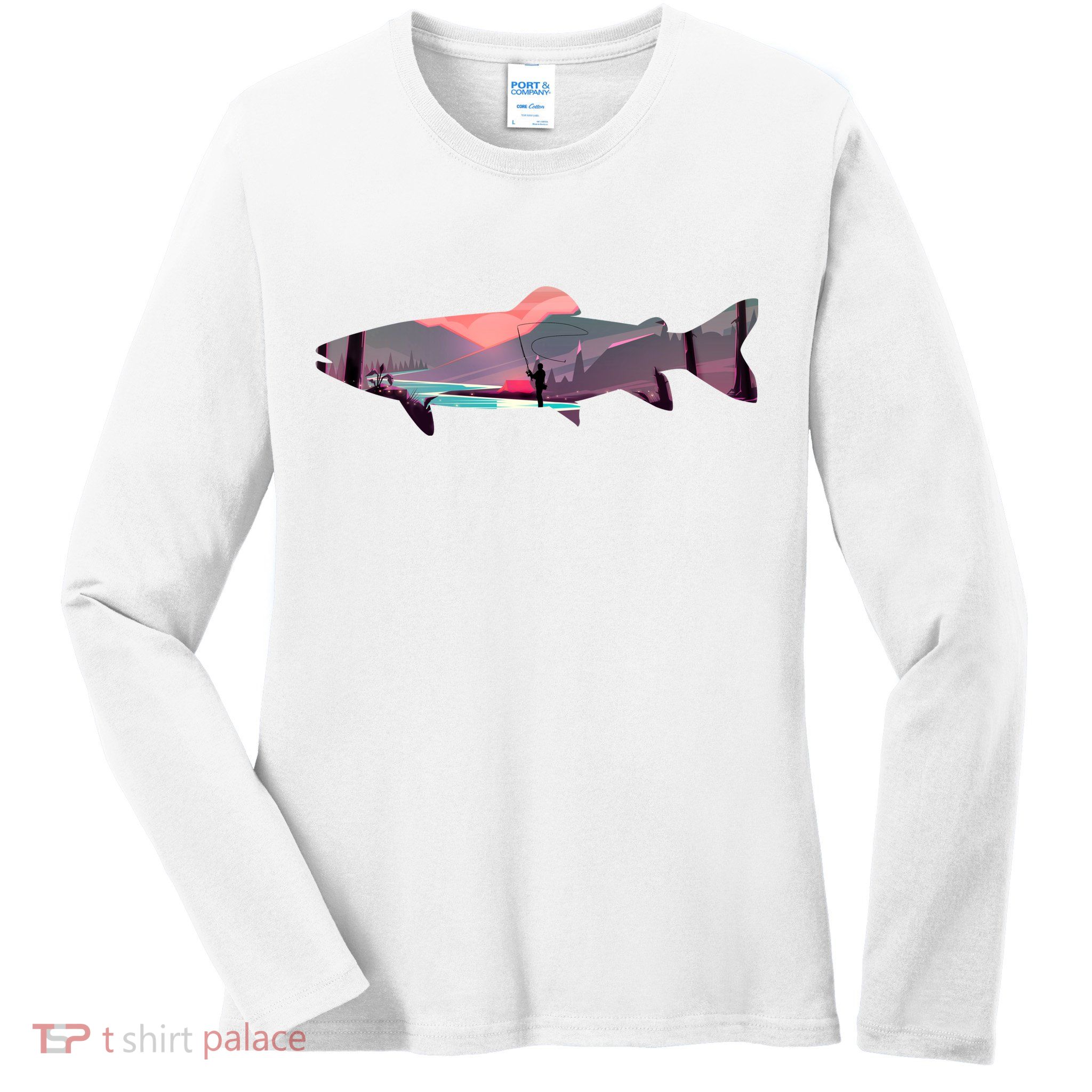 Trout Silhouette Fly Fishing Mountain Sunset River Stream Ladies Long Sleeve Shirt