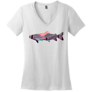 Trout Silhouette Fly Fishing Mountain Sunset River Stream Women's V-Neck T-Shirt