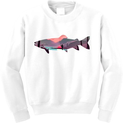Trout Silhouette Fly Fishing Mountain Sunset River Stream Kids Sweatshirt