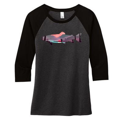 Trout Silhouette Fly Fishing Mountain Sunset River Stream Women's Tri-Blend 3/4-Sleeve Raglan Shirt