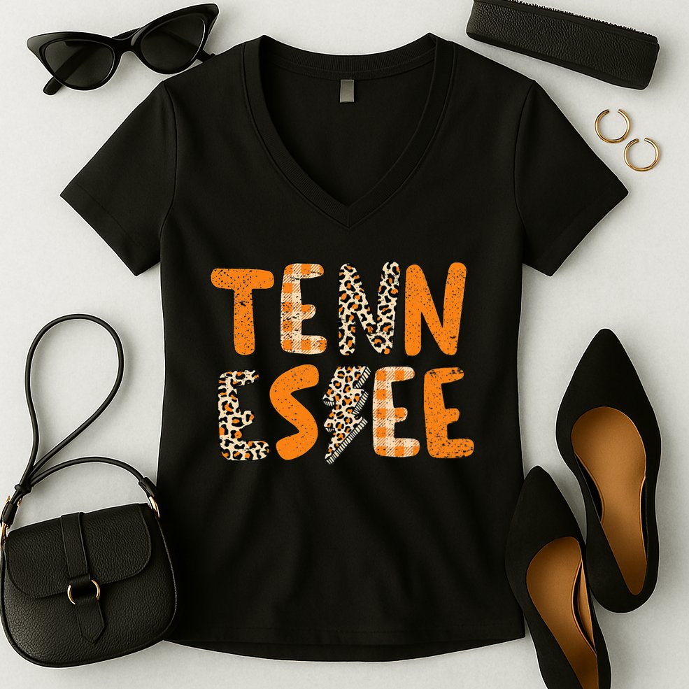 Tennessee State Flag Orange Plaid Leopard Print Souvenir Women's V-Neck T-Shirt