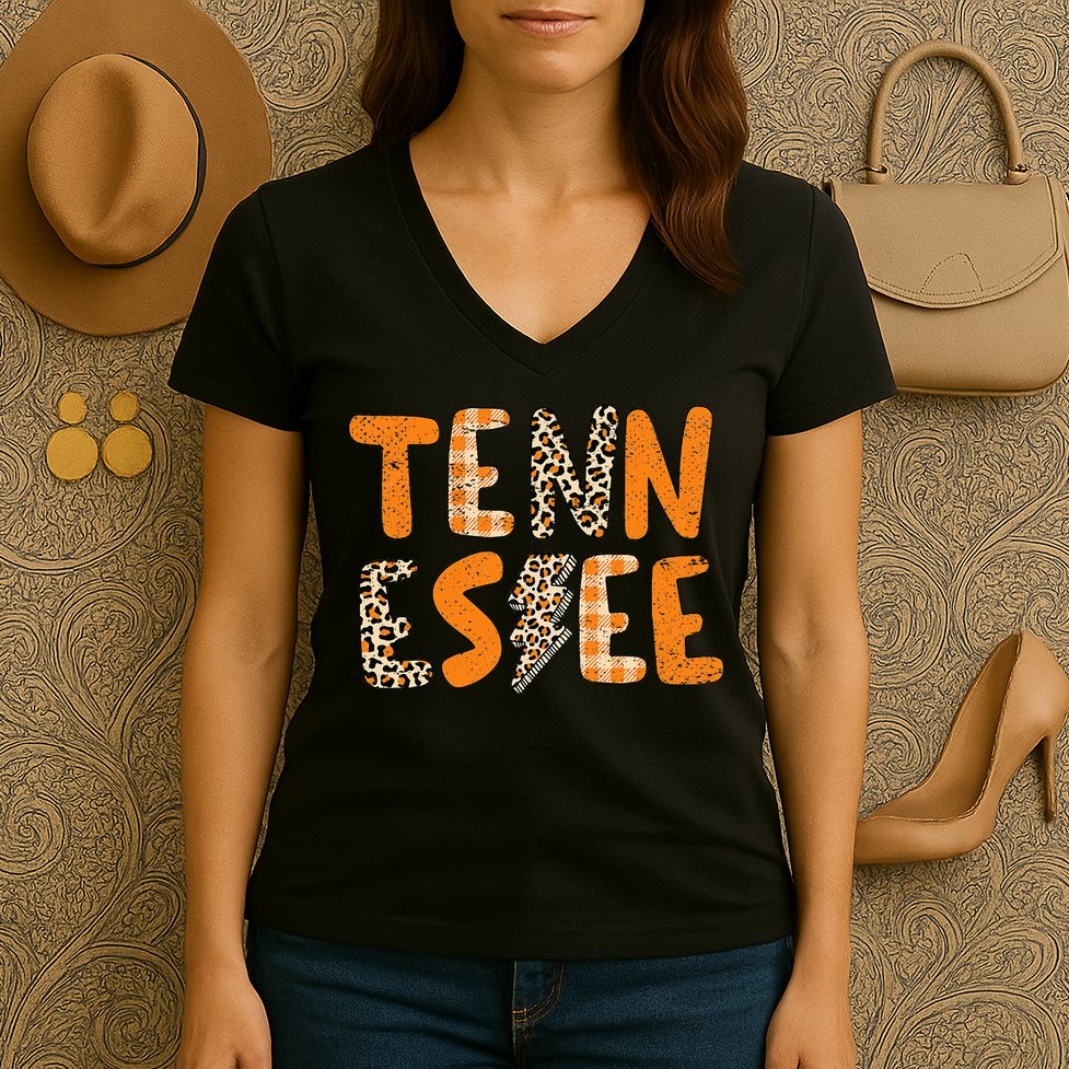 Tennessee State Flag Orange Plaid Leopard Print Souvenir Women's V-Neck T-Shirt