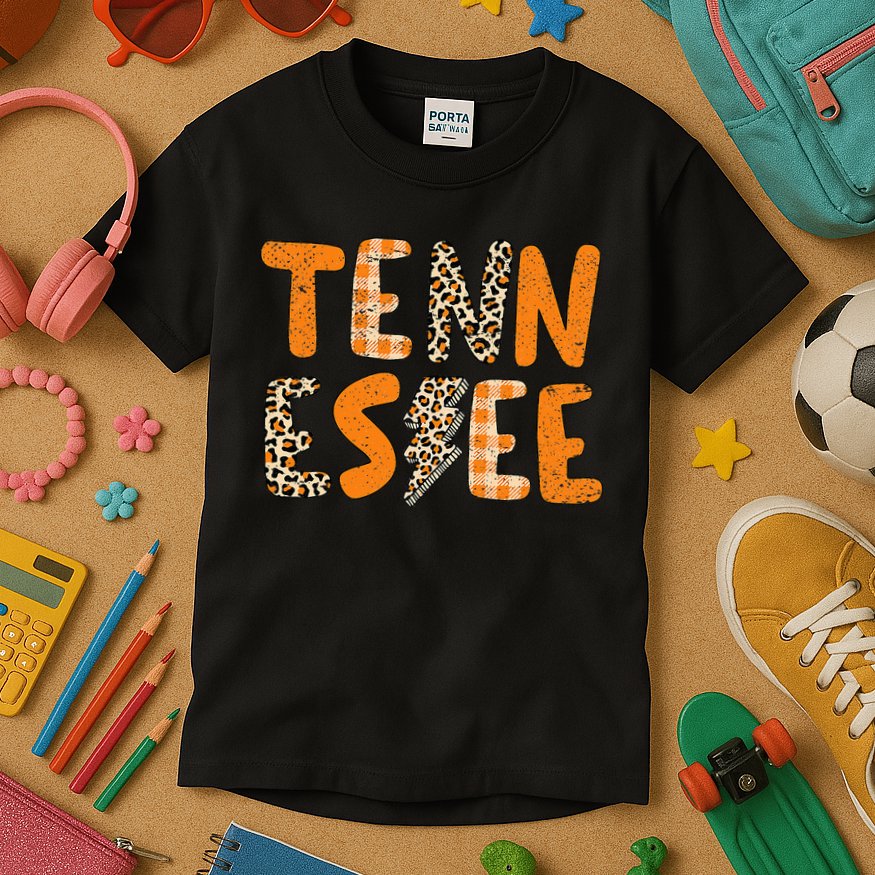 Tennessee State Flag Orange Plaid Leopard Print Souvenir Kids T-Shirt