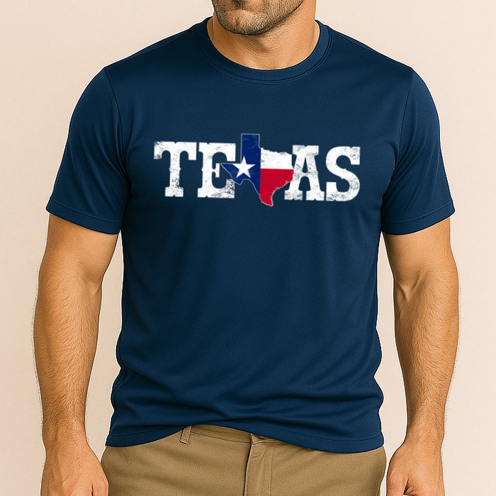 Texas Shaped Flag Grunge Distressed Texas Cooling Performance Crew T-Shirt