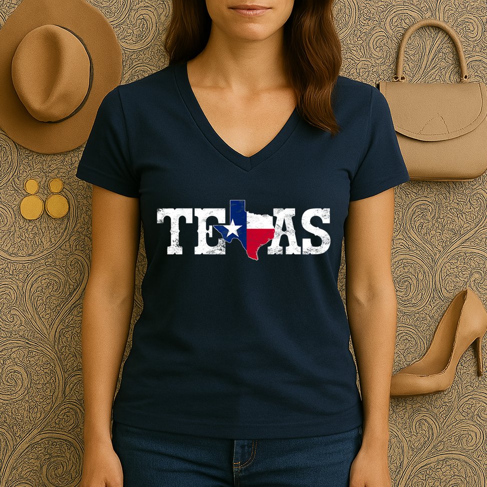 Texas Shaped Flag Grunge Distressed Texas Women's V-Neck T-Shirt