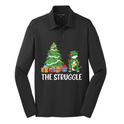 The Struggle Funny Christmas Dinosaur Xmas Tree Dino Lover Meaningful Gift Silk Touch Performance Long Sleeve Polo