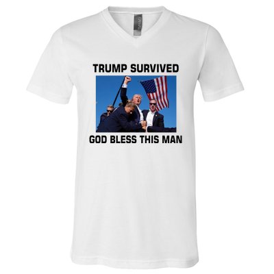 Trump Survived God Bless This Man Gun Shot Pennsylvania Rally V-Neck T-Shirt