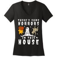 There's Some Horrors In This House Ghost Pumpkin Halloween Women's V-Neck T-Shirt