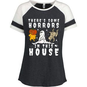 There's Some Horrors In This House Ghost Pumpkin Halloween Enza Ladies Jersey Colorblock Tee