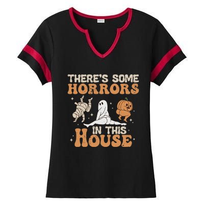 Theres Some Horrors In This House Halloween Pumpkin Ghost Ladies Halftime Notch Neck Tee