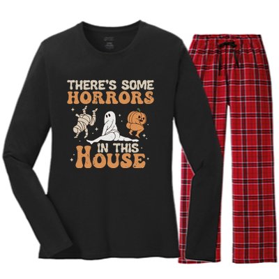 Theres Some Horrors In This House Halloween Pumpkin Ghost Women's Long Sleeve Flannel Pajama Set 