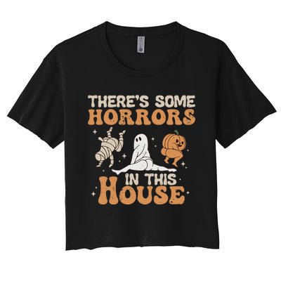 Theres Some Horrors In This House Halloween Pumpkin Ghost Women's Crop Top Tee