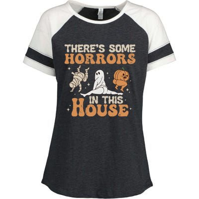 Theres Some Horrors In This House Halloween Pumpkin Ghost Enza Ladies Jersey Colorblock Tee