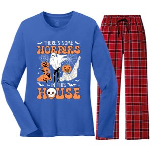 ThereS Some Horrors In This House Retro Halloween Funny Cute Gift Women's Long Sleeve Flannel Pajama Set 