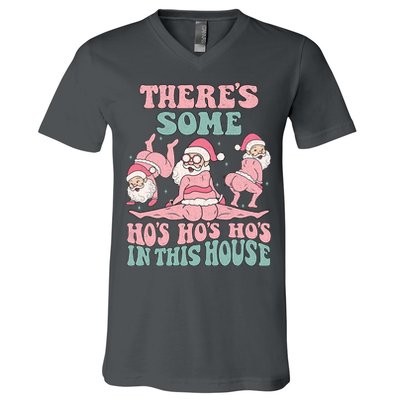 Theres Some Hos In This House Funny Santa Twerk Christmas V-Neck T-Shirt