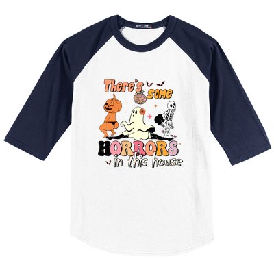 Theres Some Horrors In This House Halloween Funny Ghost Pumpkin Gift Baseball Sleeve Shirt