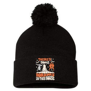 ThereS Some Horrors In This House Ghost Pumpkin Halloween Pom Pom 12in Knit Beanie