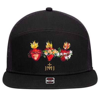 Three Sacred Hearts Of Jesus Mary Joseph Jmj Catholic 7 Panel Mesh Trucker Snapback Hat