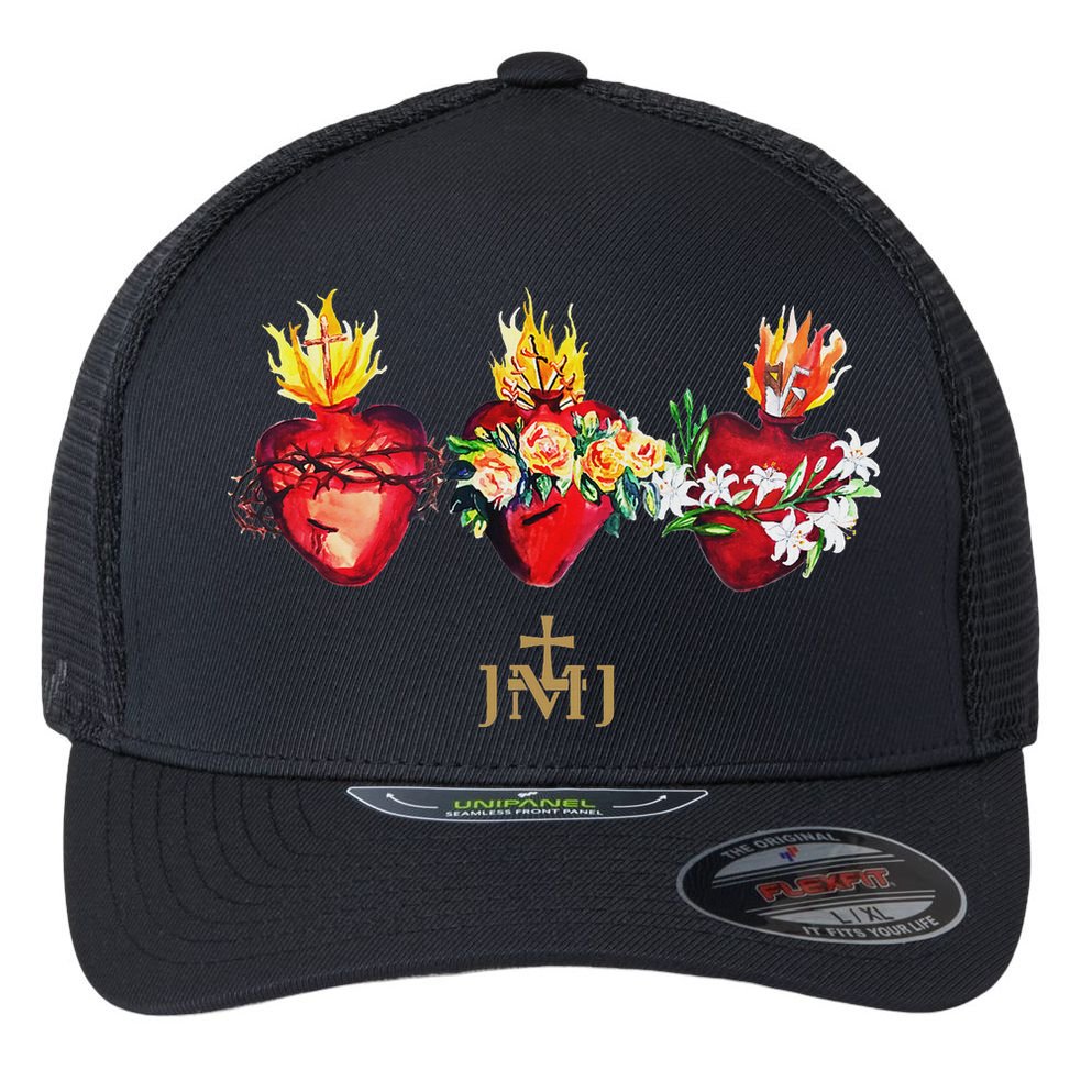 Three Sacred Hearts Of Jesus Mary Joseph Jmj Catholic Flexfit Unipanel Trucker Cap