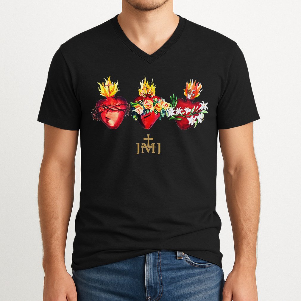 Three Sacred Hearts Of Jesus Mary Joseph Jmj Catholic V-Neck T-Shirt