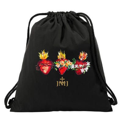 Three Sacred Hearts Of Jesus Mary Joseph Jmj Catholic Drawstring Bag