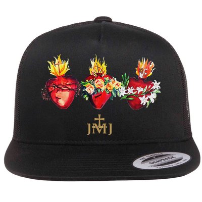 Three Sacred Hearts Of Jesus Mary Joseph Jmj Catholic Flat Bill Trucker Hat