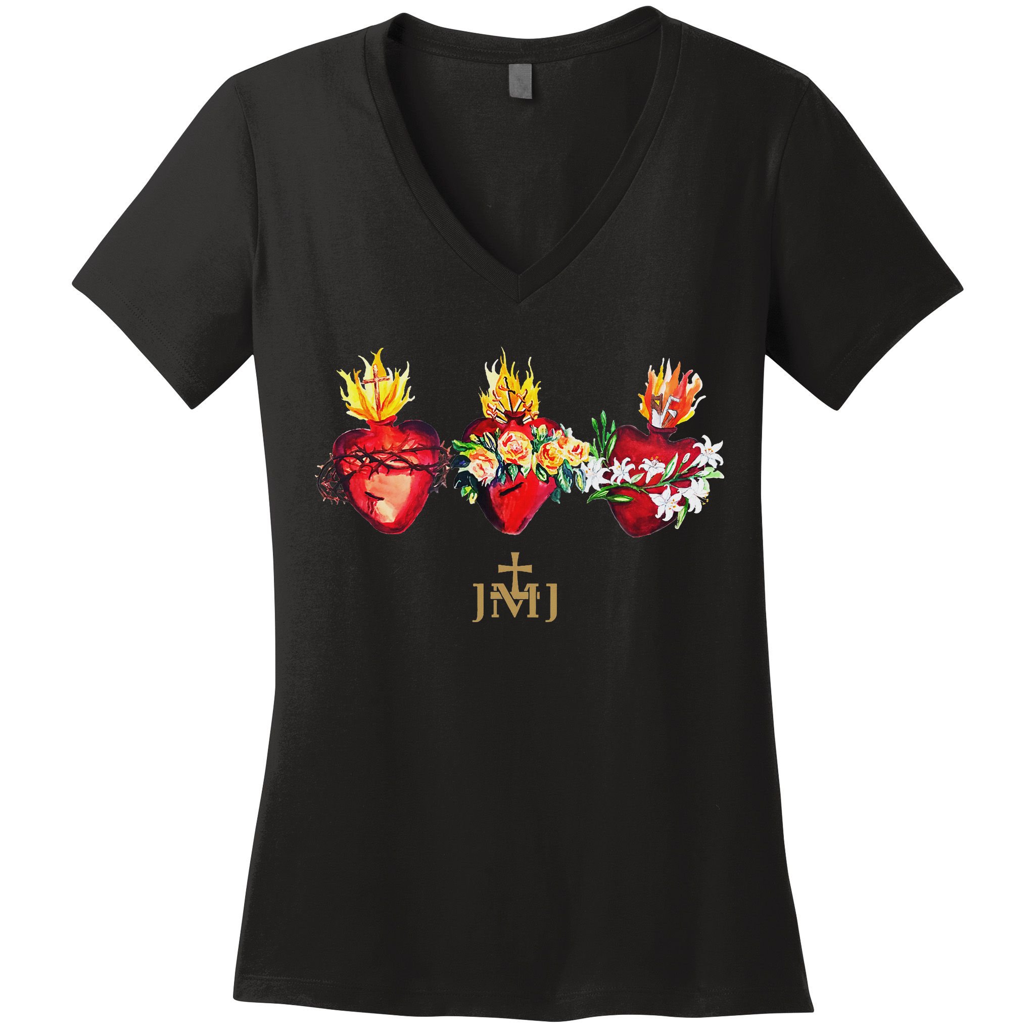 Three Sacred Hearts Of Jesus Mary Joseph Jmj Catholic Women's V-Neck T-Shirt