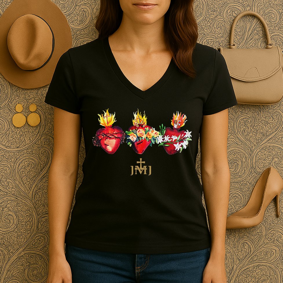 Three Sacred Hearts Of Jesus Mary Joseph Jmj Catholic Women's V-Neck T-Shirt