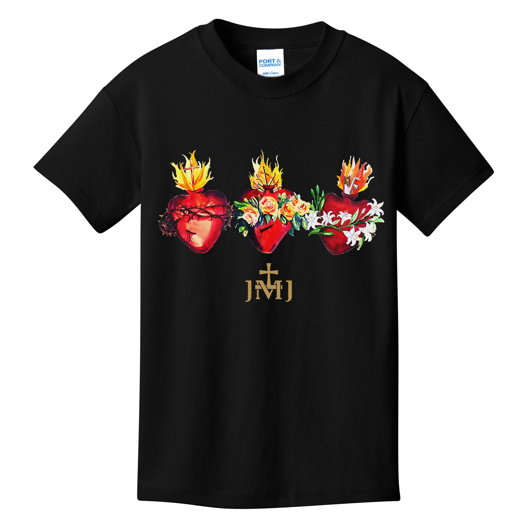 Three Sacred Hearts Of Jesus Mary Joseph Jmj Catholic Kids T-Shirt