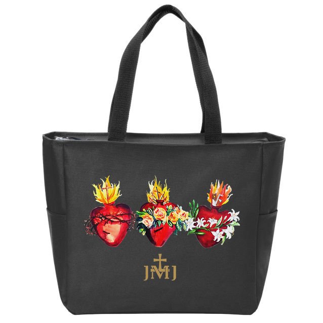 Three Sacred Hearts Of Jesus Mary Joseph Jmj Catholic Zip Tote Bag