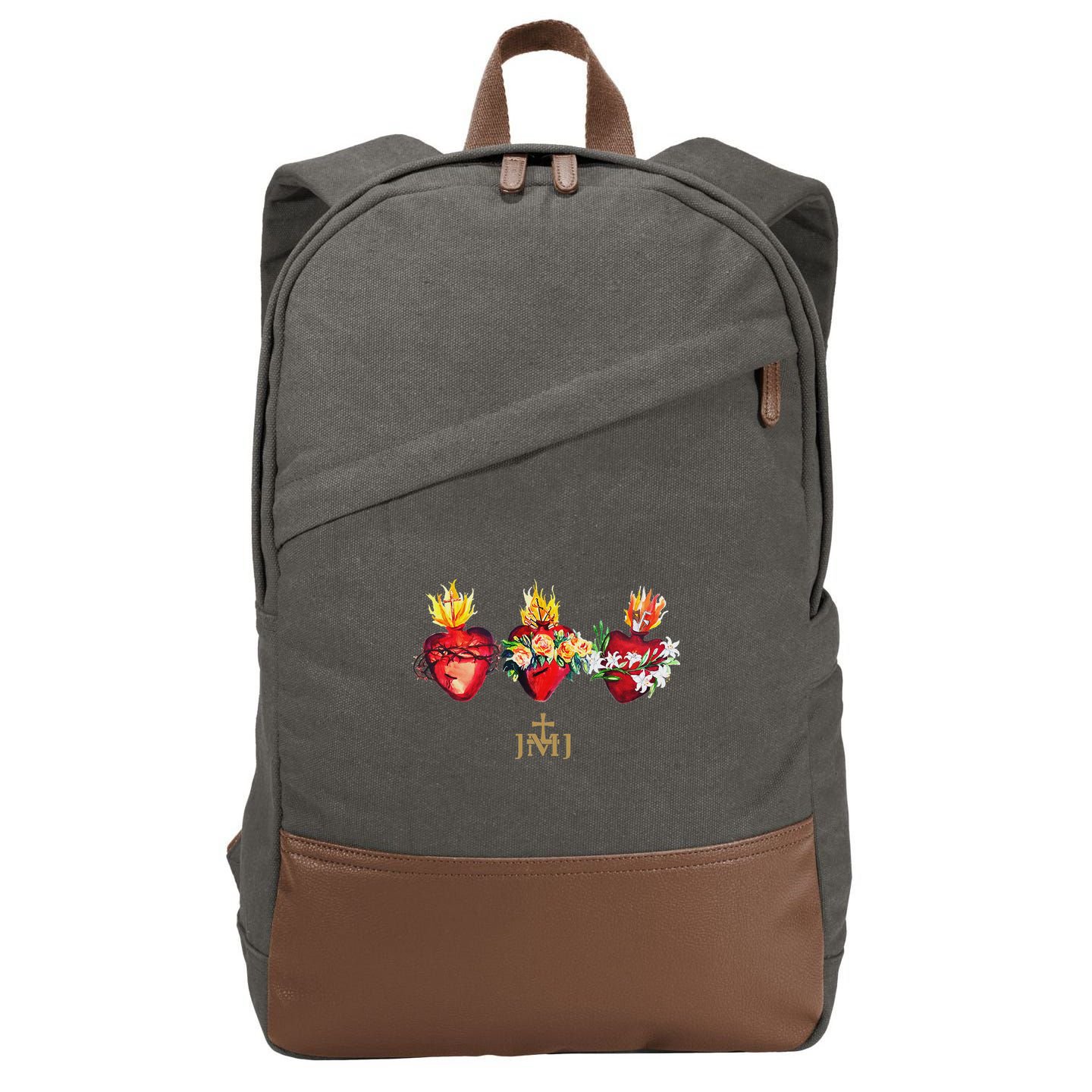 Three Sacred Hearts Of Jesus Mary Joseph Jmj Catholic Cotton Canvas Backpack