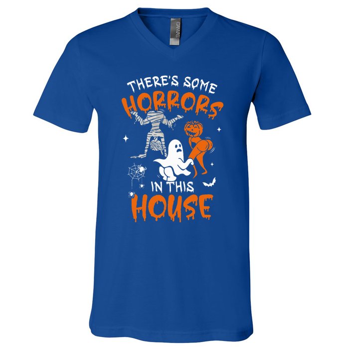 Theres Some Horrors In This House Ghost Pumpkin Halloween V-Neck T-Shirt