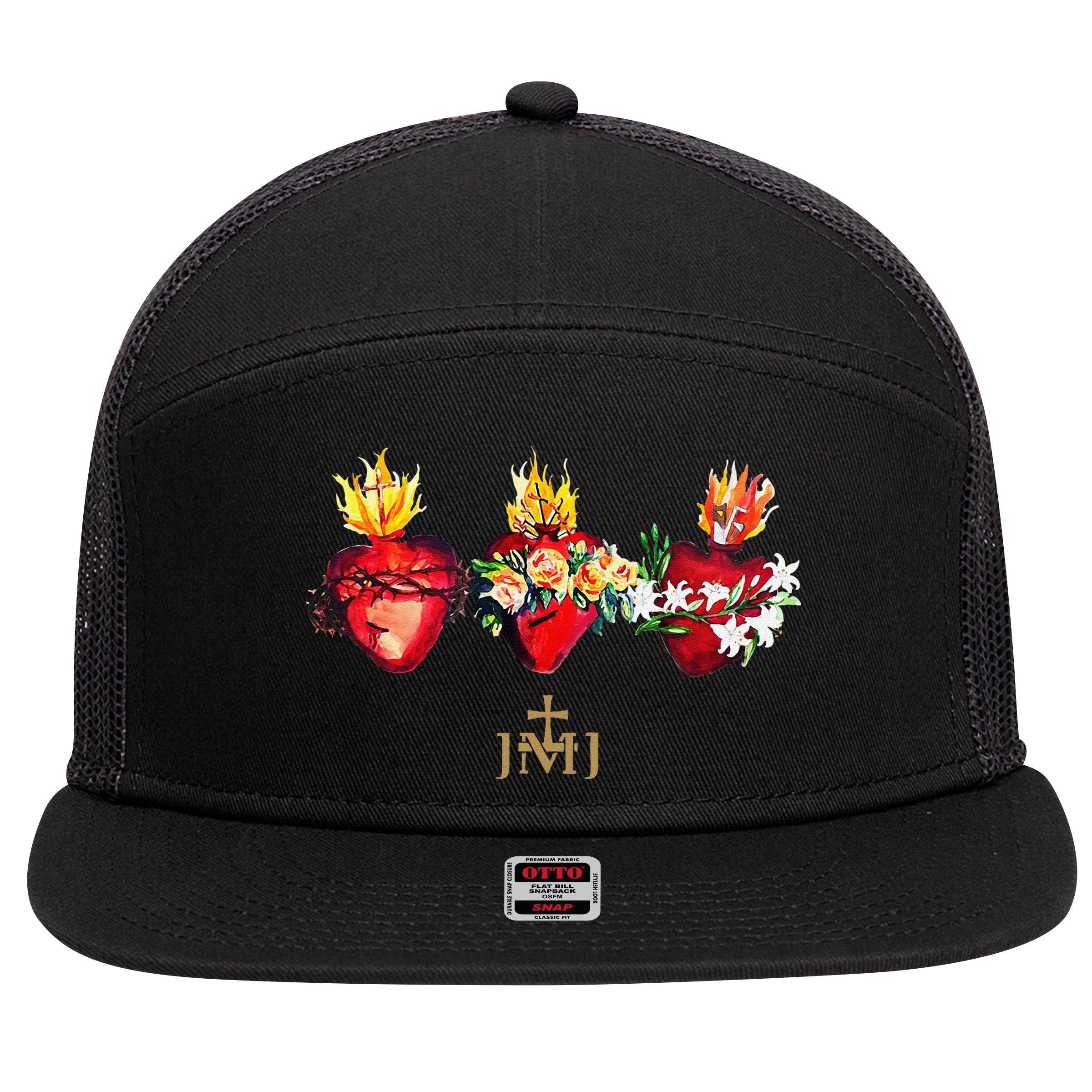 Three Sacred Hearts Of Jesus Mary Joseph Jmj Catholic 7 Panel Mesh Trucker Snapback Hat