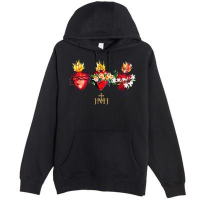 Three Sacred Hearts Of Jesus Mary Joseph Jmj Catholic Premium Pullover Hoodie