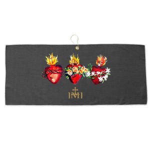 Three Sacred Hearts Of Jesus Mary Joseph Jmj Catholic Large Microfiber Waffle Golf Towel