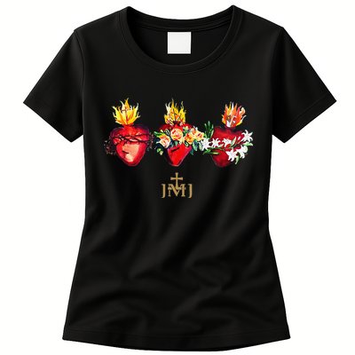 Three Sacred Hearts Of Jesus Mary Joseph Jmj Catholic Womens T-Shirt