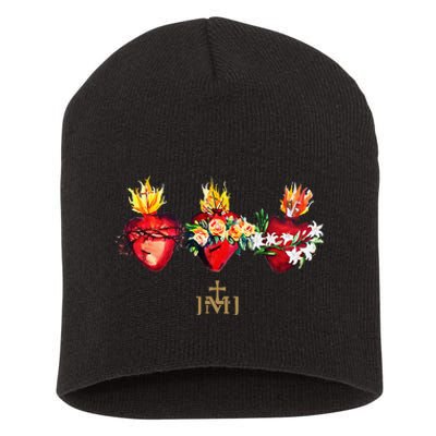 Three Sacred Hearts Of Jesus Mary Joseph Jmj Catholic Short Acrylic Beanie