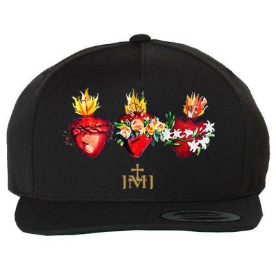 Three Sacred Hearts Of Jesus Mary Joseph Jmj Catholic Wool Snapback Cap