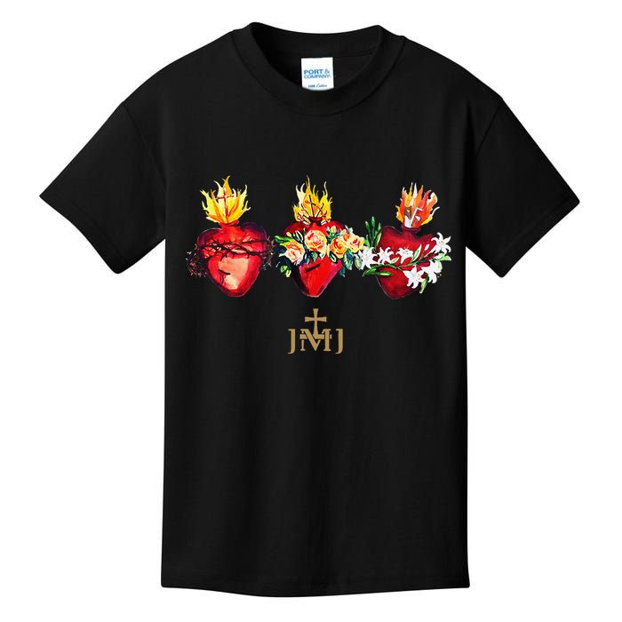 Three Sacred Hearts Of Jesus Mary Joseph Jmj Catholic Kids T-Shirt