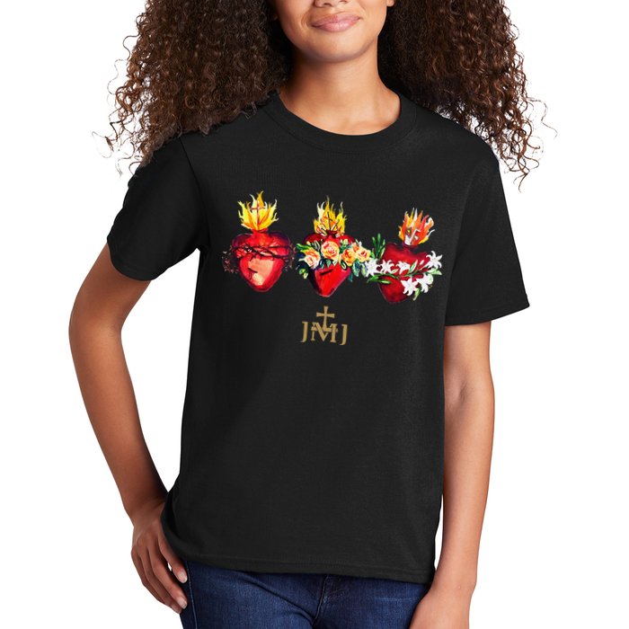Three Sacred Hearts Of Jesus Mary Joseph Jmj Catholic Kids T-Shirt