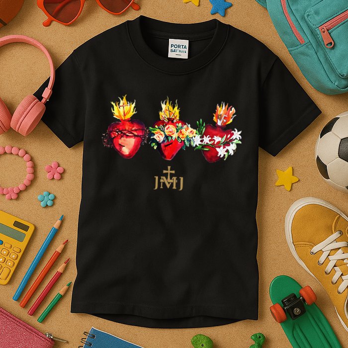 Three Sacred Hearts Of Jesus Mary Joseph Jmj Catholic Kids T-Shirt