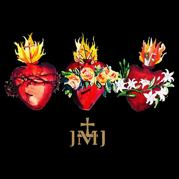 Three Sacred Hearts Of Jesus Mary Joseph Jmj Catholic Kids T-Shirt