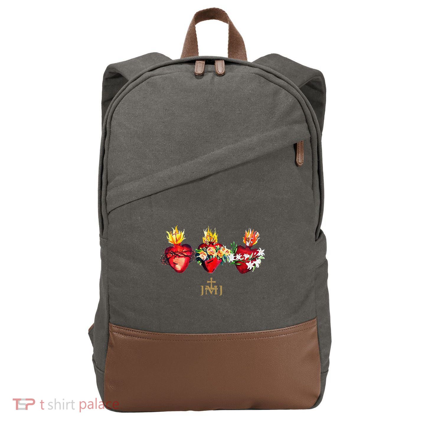 Three Sacred Hearts Of Jesus Mary Joseph Jmj Catholic Cotton Canvas Backpack