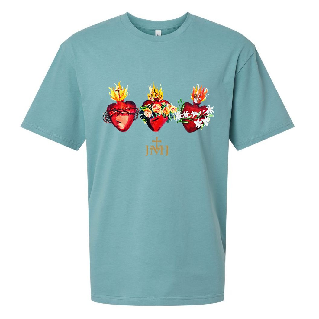 Three Sacred Hearts Of Jesus Mary Joseph Jmj Catholic Sueded Cloud Jersey T-Shirt