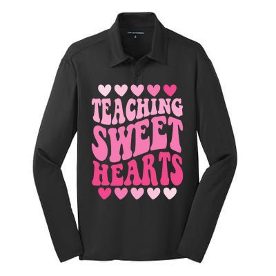 Teaching Sweet Hearts Cute Valentines Day Teacher Silk Touch Performance Long Sleeve Polo