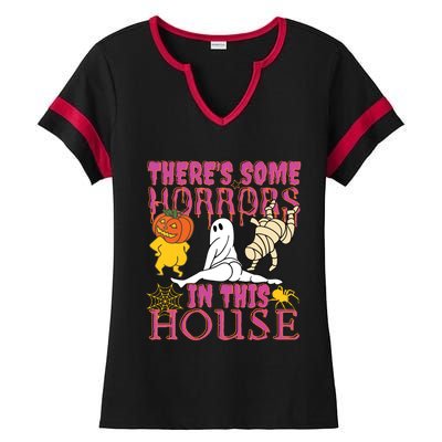 Theres Some Horrors In This House Ghost Pumpkin Halloween Ladies Halftime Notch Neck Tee