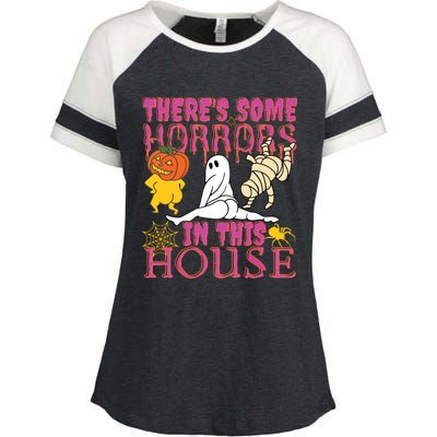 Theres Some Horrors In This House Ghost Pumpkin Halloween Enza Ladies Jersey Colorblock Tee