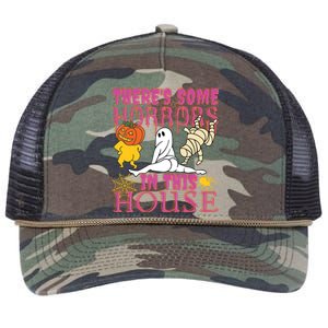 Theres Some Horrors In This House Ghost Pumpkin Halloween Retro Rope Trucker Hat Cap